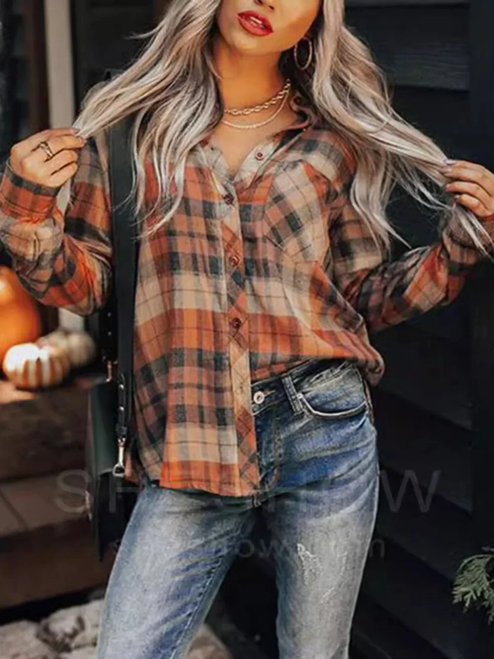 Women's Plaid Long Sleeve Shirt Slim Fit Button Cardigan Casual Top